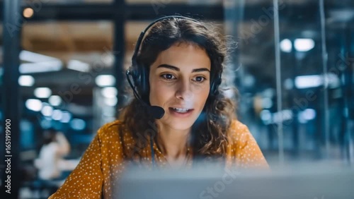 Customer service representative with headset working on laptop computer