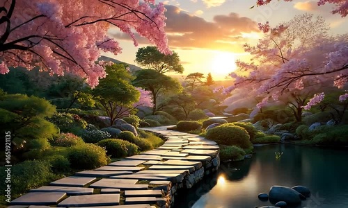 Serene Japanese Garden at Sunset with Pink Cherry Blossoms