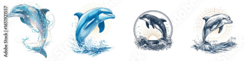 Wallpaper Mural Elegant dolphins gracefully jumping and swimming through ocean waves in a serene and artistic representation of marine life Torontodigital.ca