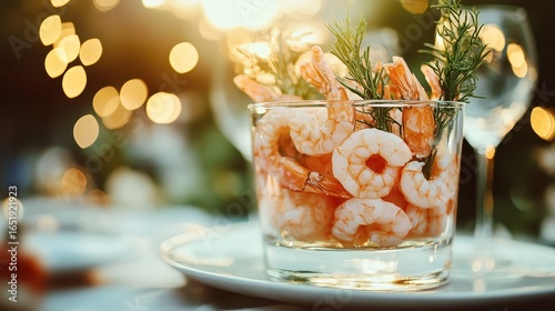 Fresh Shrimp Cocktail with Herbs and Bokeh Background at Sunset