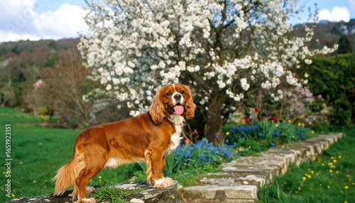 Dog by blossom tree