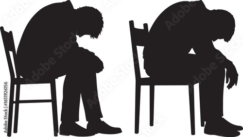 Two men sitting on chairs with heads down silhouette