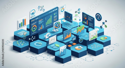 Data analytics dashboard visualization business intelligence kpi reporting charts graphs and analysis isometric illustration
