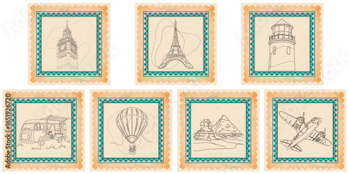 Vintage-style postage stamp set with line art illustrations of retro travel and architecture designs