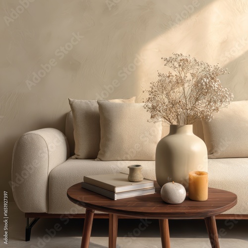 Composición creativa de un elegante y minimalista salón. Sofá beige moderno, mesa auxiliar de madera oscura y elegantes accesorios personales.