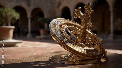Golden Armillary Sphere in Courtyard with Historic Architecture