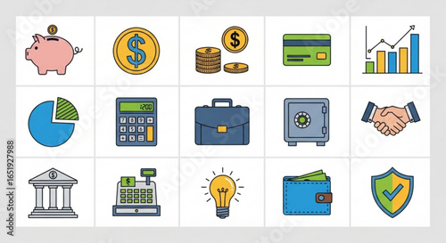 Financial planning and business investment icons set for banking and money management illustration vector