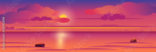 Sunset in ocean, pink clouds in sky with shining sun above sea with rocks sticking up of water and city lights on opposite shore, nature landscape background, evening view. Cartoon