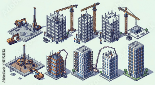 Isometric building construction stages illustration with cranes and heavy machinery for urban development