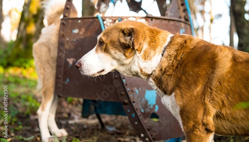 Dog by rusty metal structure