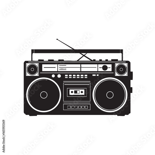 Retro boombox stereo system illustration in black and white vector art perfect for nostalgic music design projects and vintage tech themes