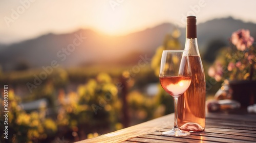 Bottle of ros? wine and filled wine glass on wooden table with sunset in scenic vineyard setting