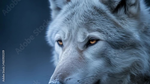 Intense gaze of a captivating wolf in winter, its amber eyes reflecting the snowy landscape, evoking a sense of wild beauty and untamed nature, perfect for wildlife documentaries