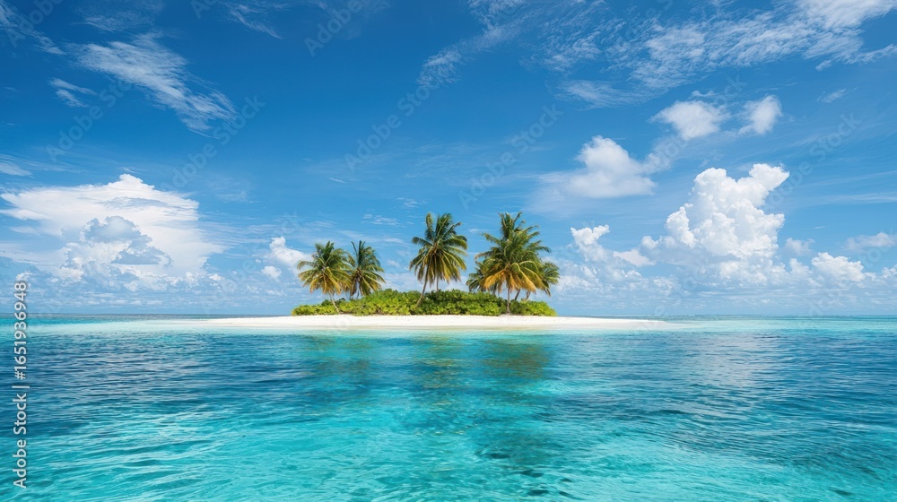 Fototapeta premium A serene tropical island with a white sand beach and crystal clear waters.