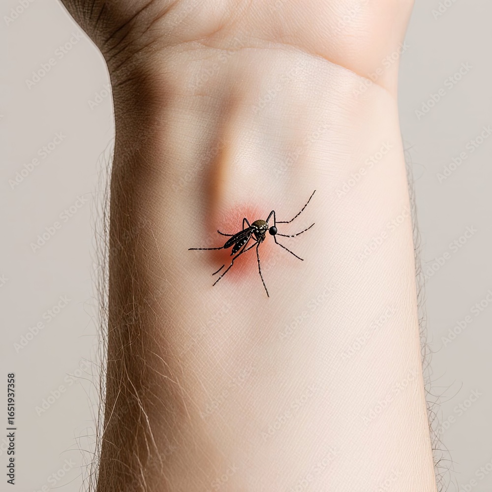 Obraz premium Mosquito Bite Human Skin Close-up, Blood Sucking Mosquito Skin Contact