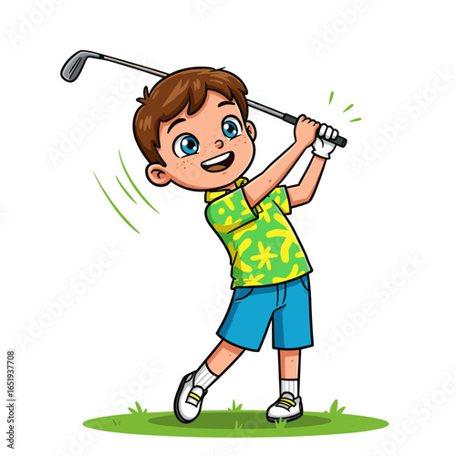 Cheerful cartoon child swinging golf club in floral shirt on grassy patch.
