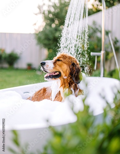 Dog enjoys a sudsy bath outdoors, water cascading over its fur