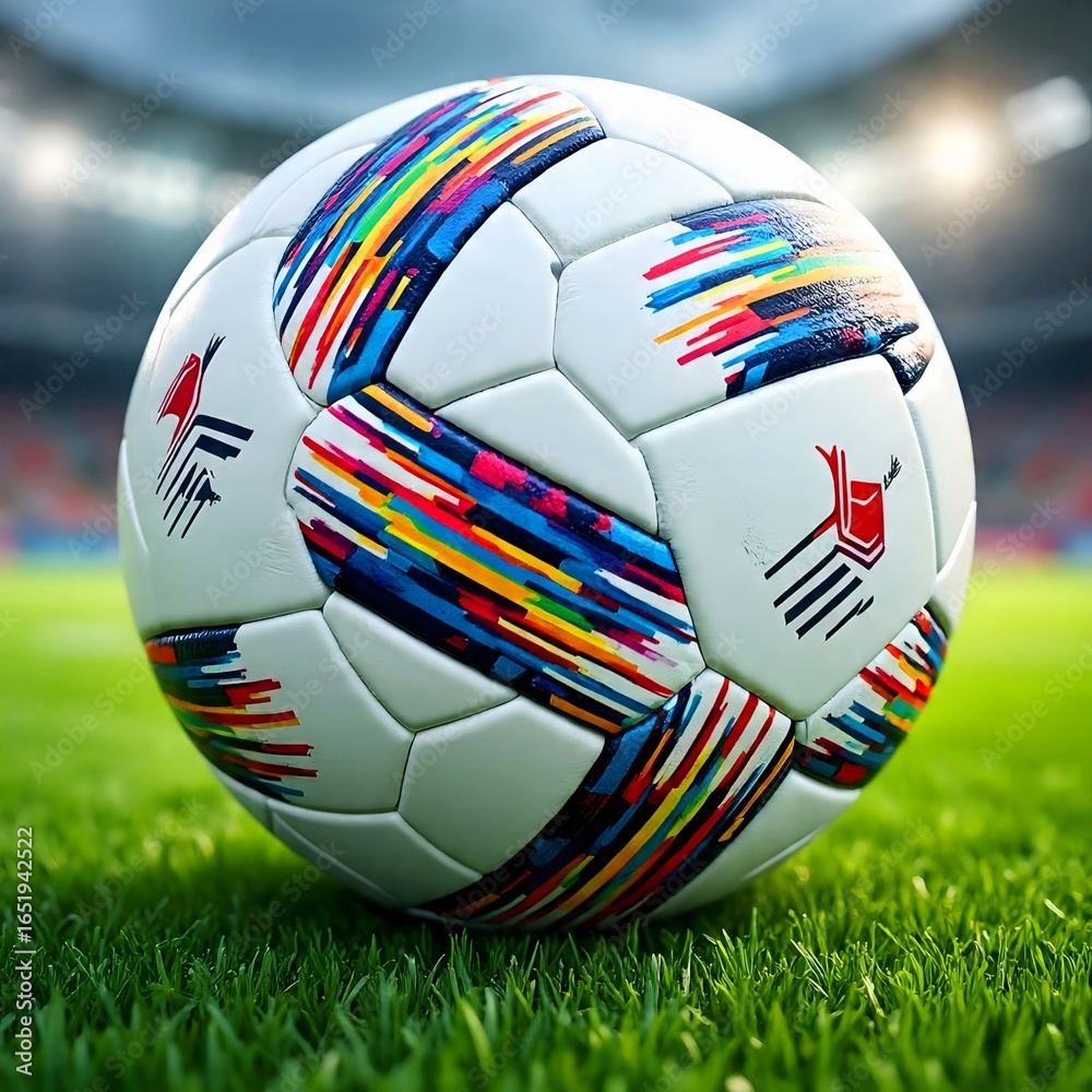 A soccer ball on green grass in a stadium. A soccer ball on green grass in a stadium.