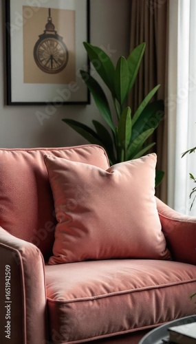 Cozy living room features a plush, velvet cushion resting on a comfy armchair, adding a touch of elegance and comfort to the home interior , turquoise, fabric, green