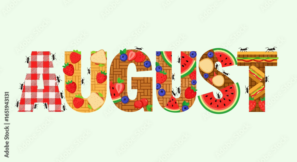 Fototapeta premium August picnic month illustration, summer treat with ant insect foraging meal