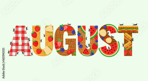 August picnic month illustration, summer treat with ant insect foraging meal