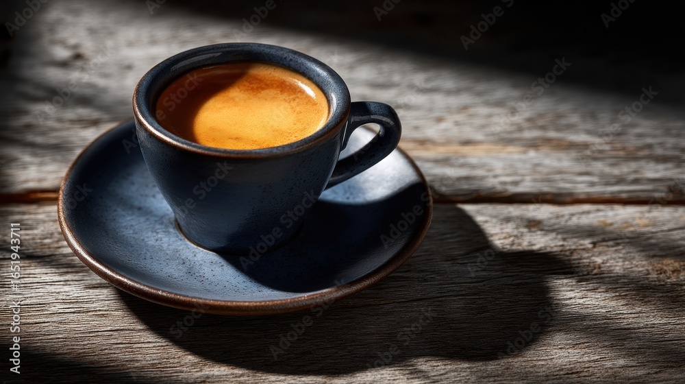 Fototapeta premium Ceramic cup of freshly brewed coffee on a rustic wooden table with dramatic lighting