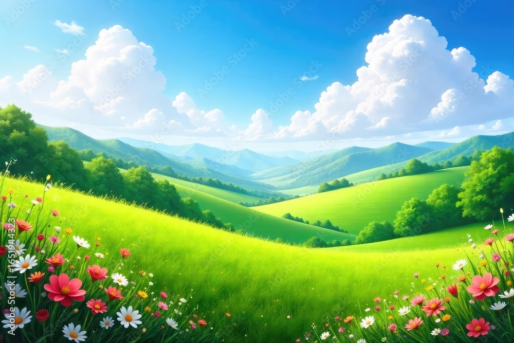 Fototapeta premium Serene landscape featuring lush green plants, vibrant wildflowers, and rolling hills under a clear blue sky Perfect for nature, travel, and environmental themes , blue sky, picturesque