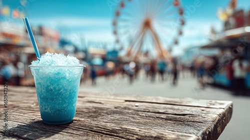 Blue Frozen Lemonade in Clear Glass with Straw on Wooden Table at Carnival Fair