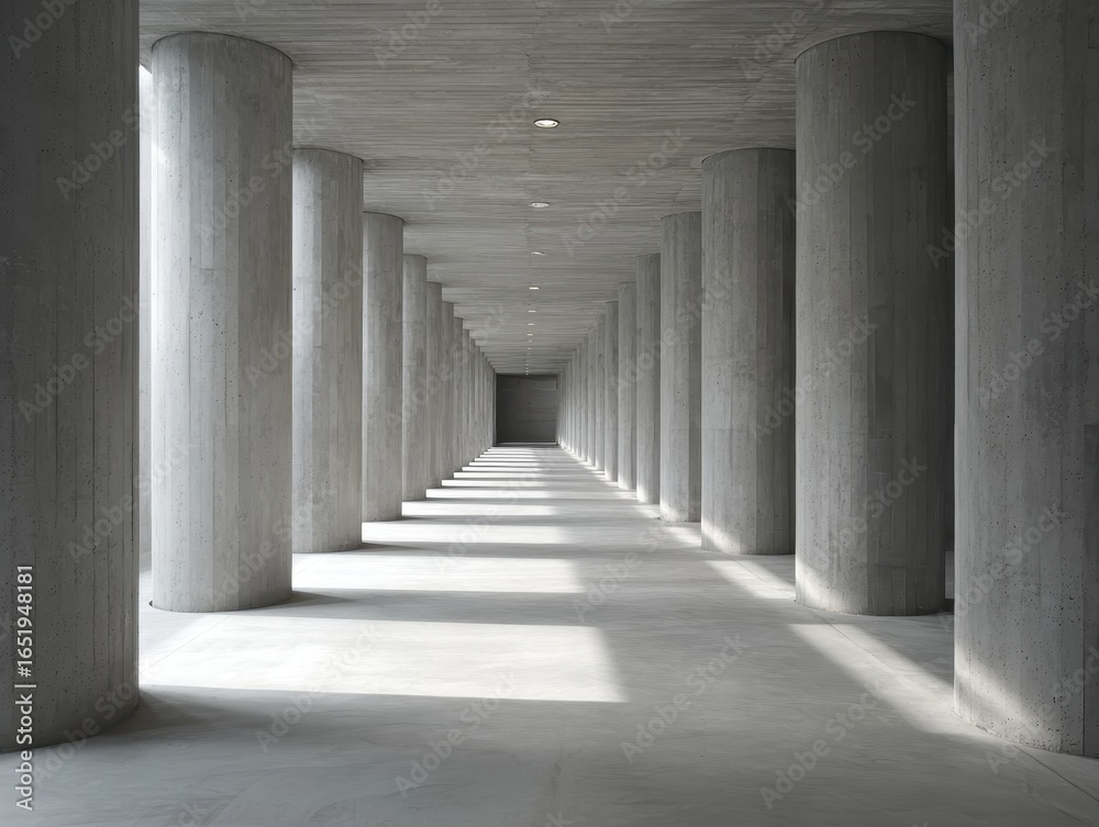 Obraz premium Sleek Minimalist Hall: Cement Pillars and Soft Natural Light Shadows