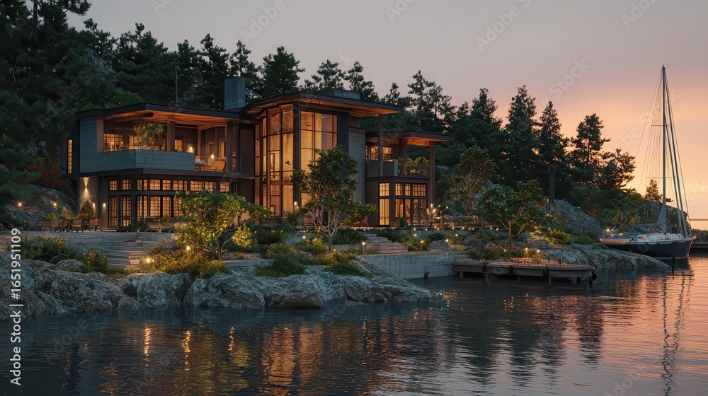 Obraz premium Sunset at Luxury Waterfront Modern Home.