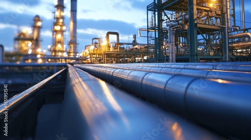 Wallpaper Mural A long, narrow, metallic pipe runs through a complex network of industrial pipelines and equipment at a petrochemical plant. Torontodigital.ca