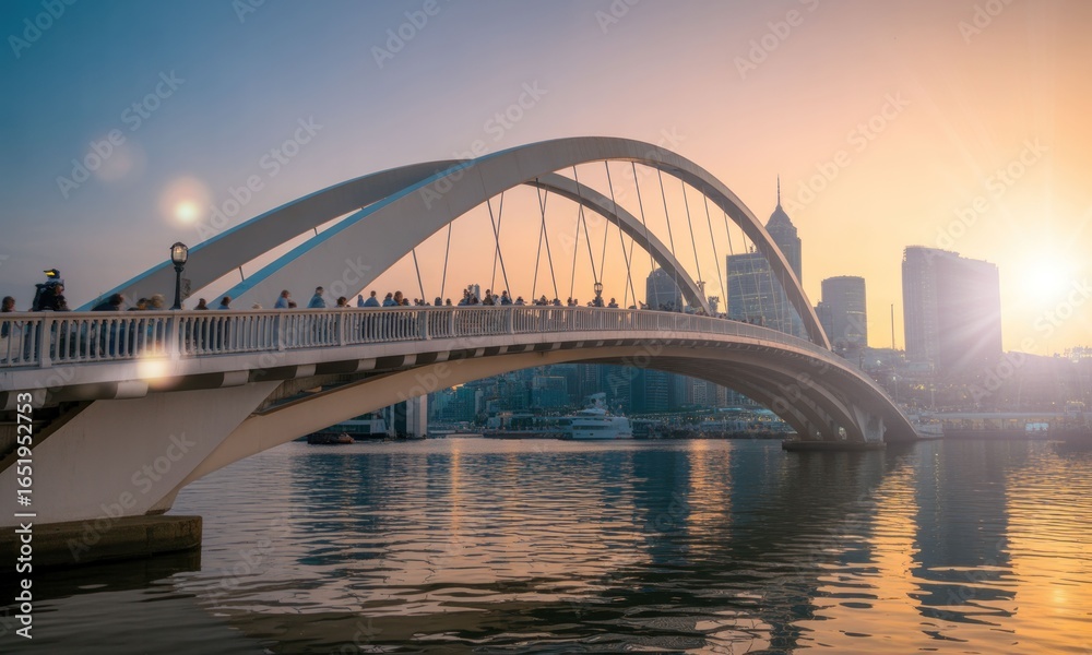 Naklejka premium Modern arch bridge at sunset over city harbor. People walk