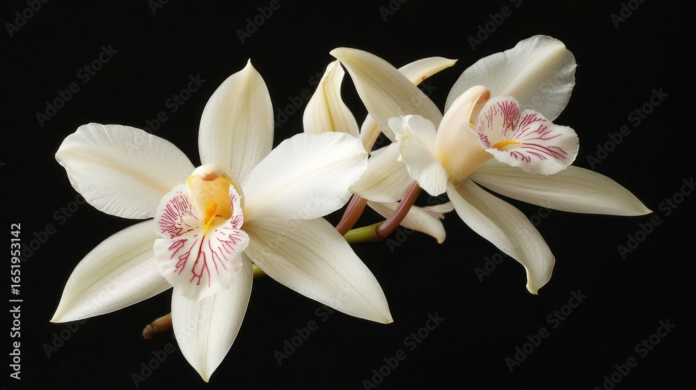 Fototapeta premium Two delicate white orchids with pink centers against a black background.