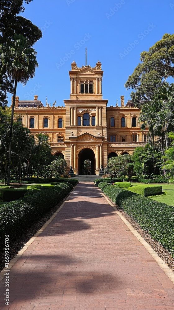 Fototapeta premium Grand historic mansion with manicured lawn path 