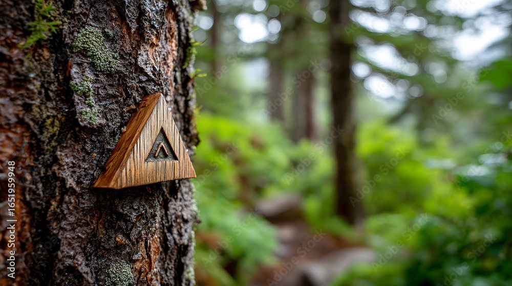Fototapeta premium Close Up of a Wooden Trail Marker on a Tree in a Lush Green Forest Pathway