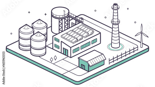A futuristic eco-plant designed like a growing organism, where industry meets nature. Solar leaves, oxygen-releasing mist, and root-like energy systems symbolize clean, regenerative production