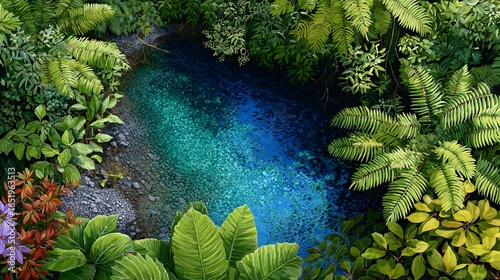 Lush Tropical Oasis with Vibrant Blue Water Surrounded by Greenery in a Serene Landscape