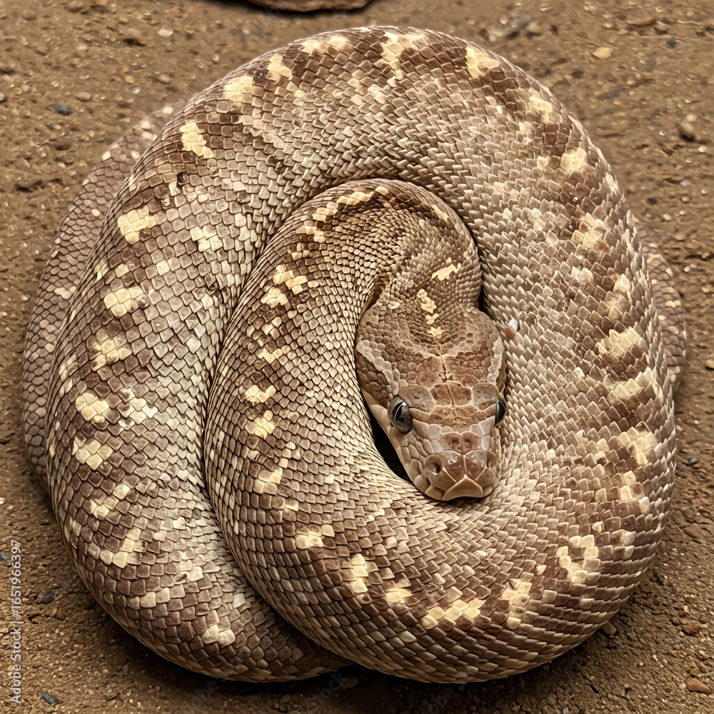 Obraz premium A Close Up of a Beautifully Patterned Desert Snake Curled Up on Sandy Ground