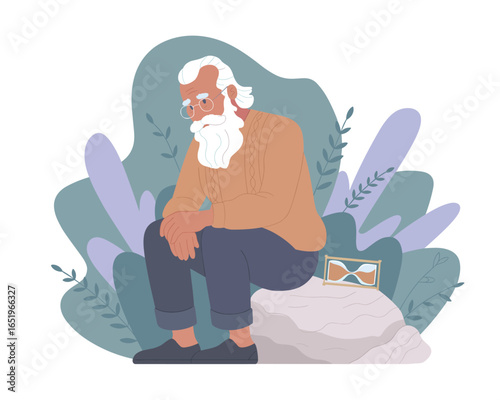 Sad elderly man sitting on a rock with an hourglass, contemplating the passage of time.