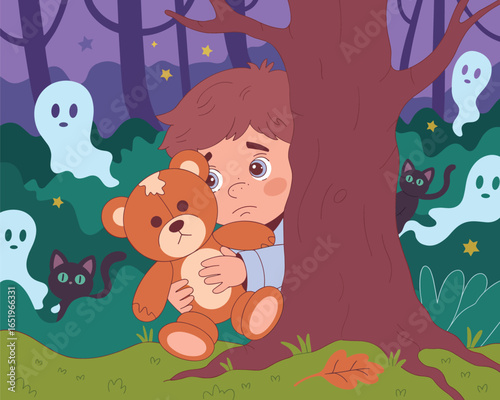 Scared boy with teddy bear hiding behind tree surrounded by ghosts and black cats in forest at night