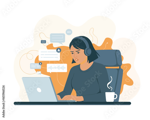 Female Professional Engaged in Online Communication and Remote Work with Laptop and Headphones