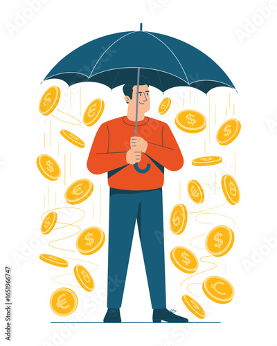 Financial Abundance Man Under Umbrella Protected from Money Rain - Wealth Accumulation Concept