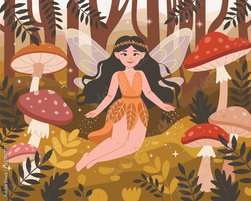 Flat vector illustration of a beautiful fairy in a magical autumn forest with giant mushrooms.
