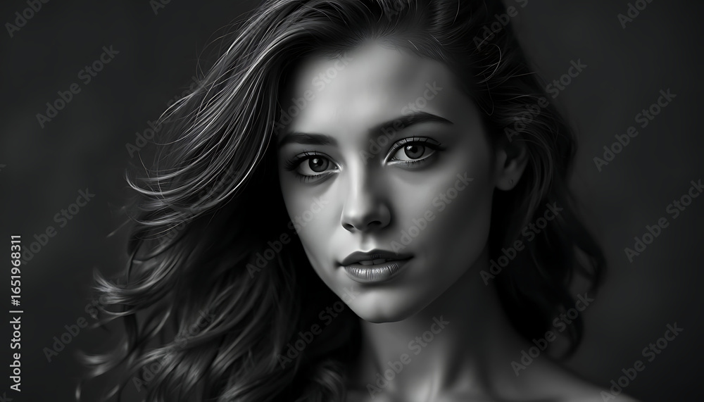 Naklejka premium Black-and-white portrait of a woman with long, wavy hair, intense eyes, and a subtle moody vibe. 4K and HD image