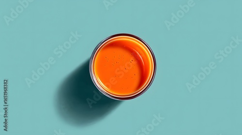 Top View of a Circular Glass Filled with Vibrant Orange Juice on a Minimalist Turquoise Background
