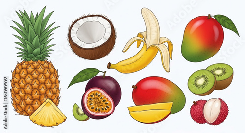 A vibrant assortment of tropical fruits including pineapple, mango, coconut, and more