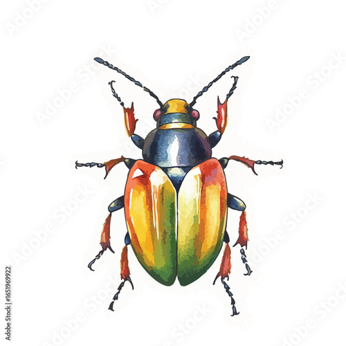 Colorful beetle with gradient elytra and segmented legs facing forward