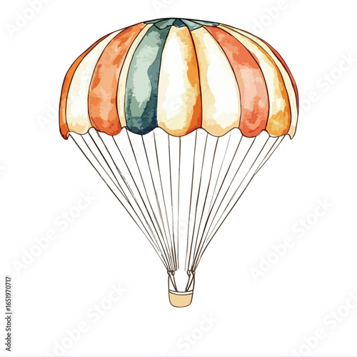 Colorful parachute with alternating orange white and teal panels and suspension lines
