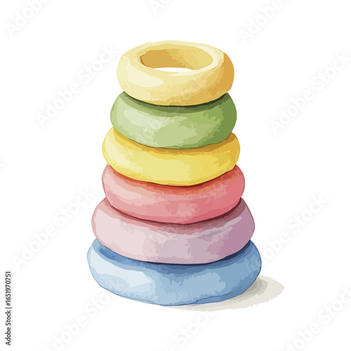 Colorful Stacked Ring Toy with Watercolor Texture and Shadow