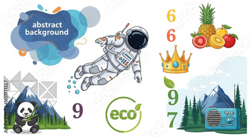 Illustration of an astronaut in space, fruits, panda, crown, radio, and abstract background